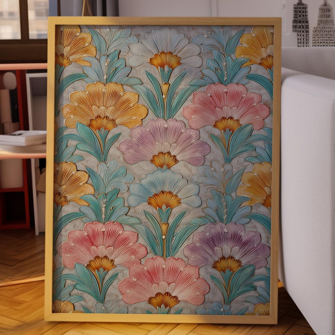 Gold and Pink Stylized Floral Pattern Vintage Botanical Art Poster