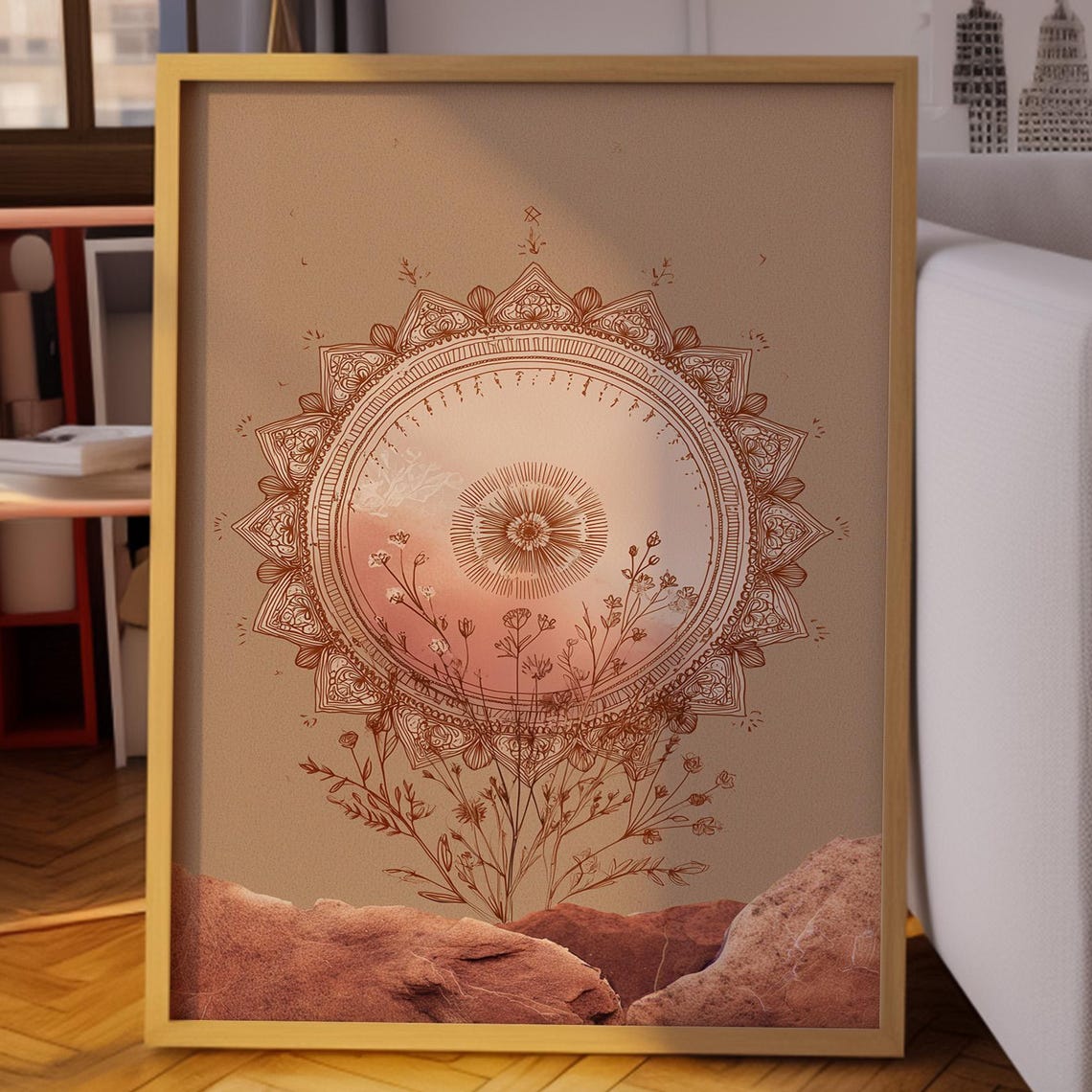 Boho Terracotta Mandala Sun Over Desert Hills Illustration Poster