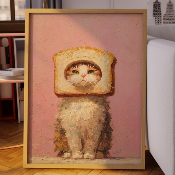 Fluffy Cat With Toast Helmet and Green Eyes Oil Painting Poster