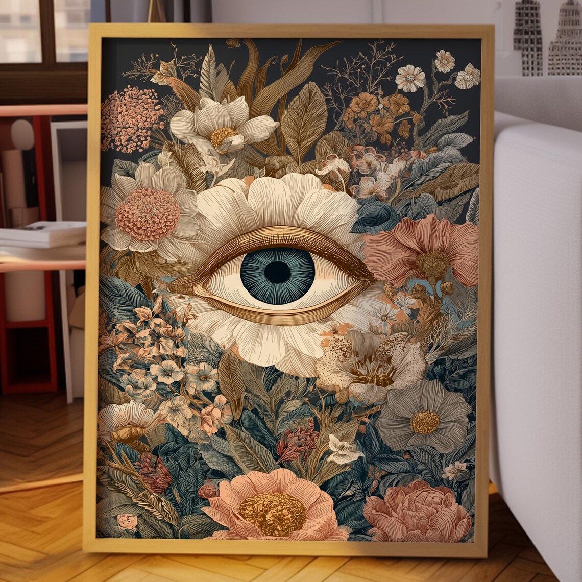 Vintage Botanical Blue Eye Among Cream Flowers Dark Floral Art Poster