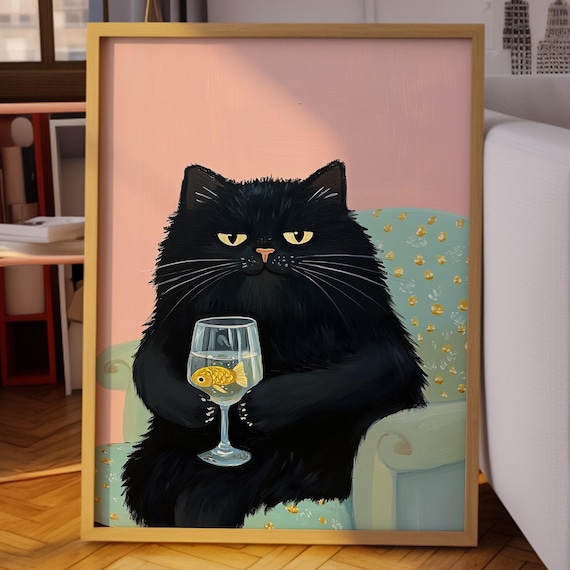 Grumpy Black Cat Holding Wine Glass With Goldfish Inside Poster
