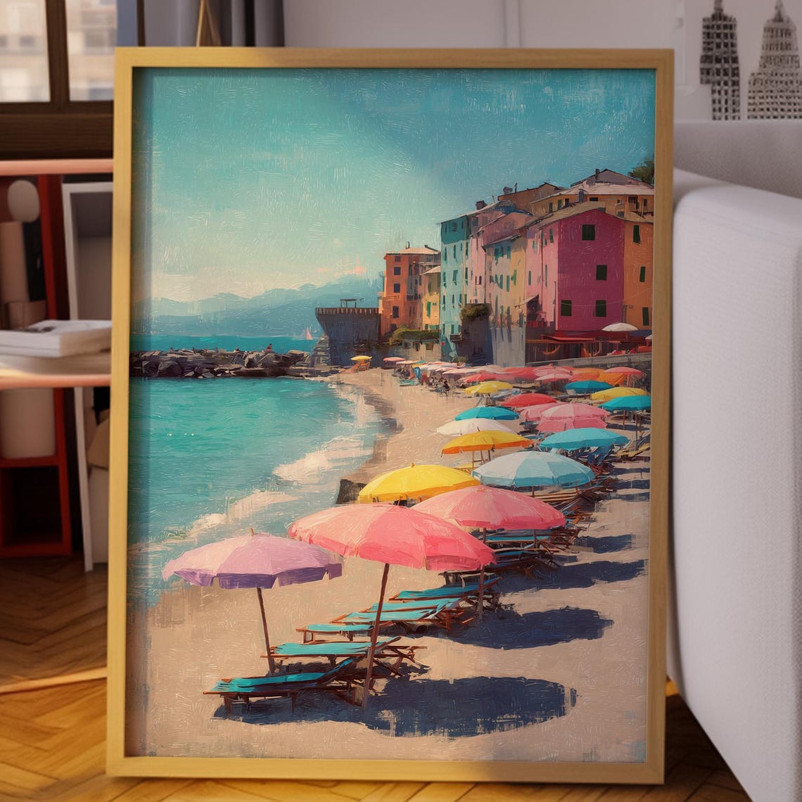 Colorful Seaside Town Beach Lined With Pastel Summer Umbrellas Poster