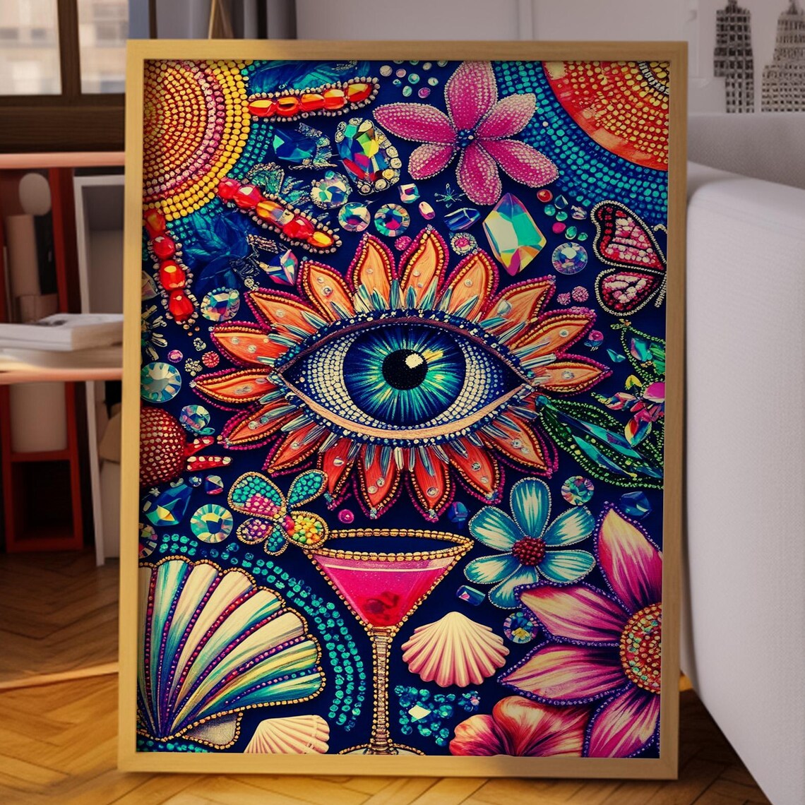 Jeweled Eye With Cocktail Glass Gems Butterflies Navy Night Poster