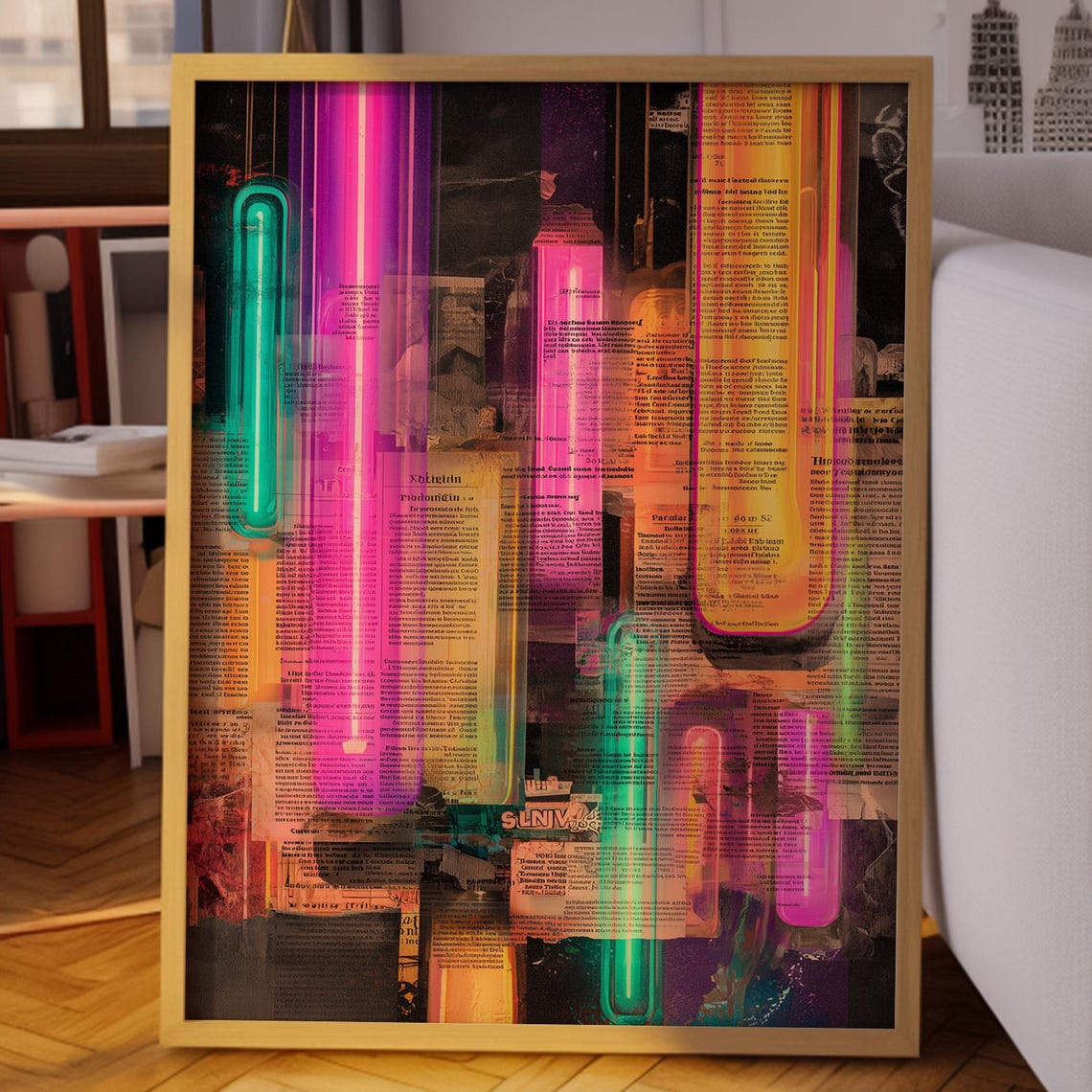 Neon Tube Lights Collage Over Vintage Newspaper Abstract Poster