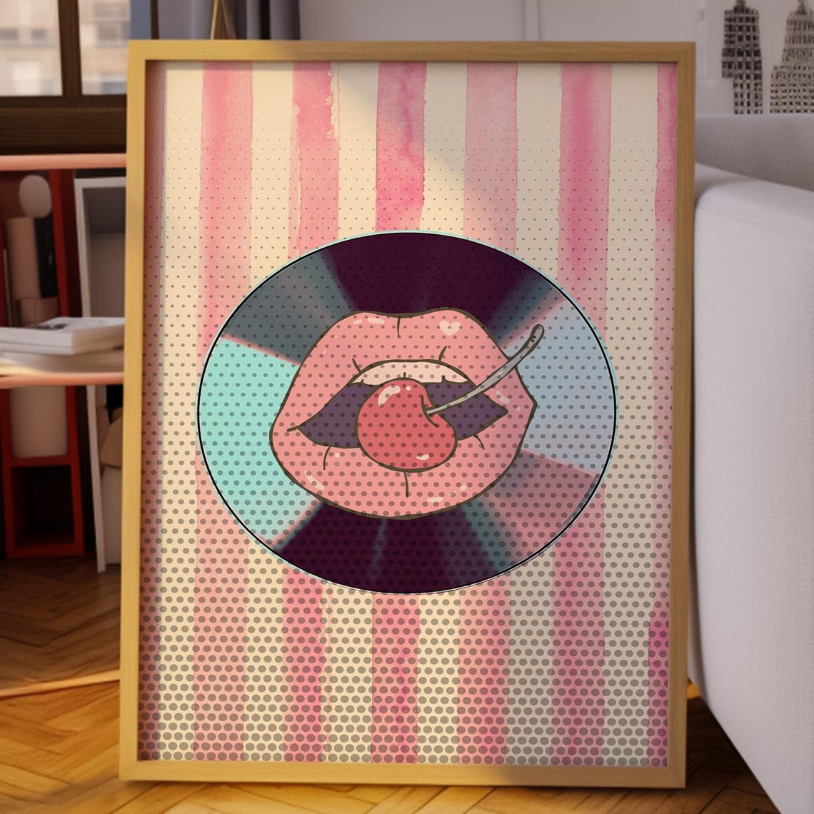 Pop Art Cherry Lips Biting Cherry On Vinyl Pink Halftone Poster