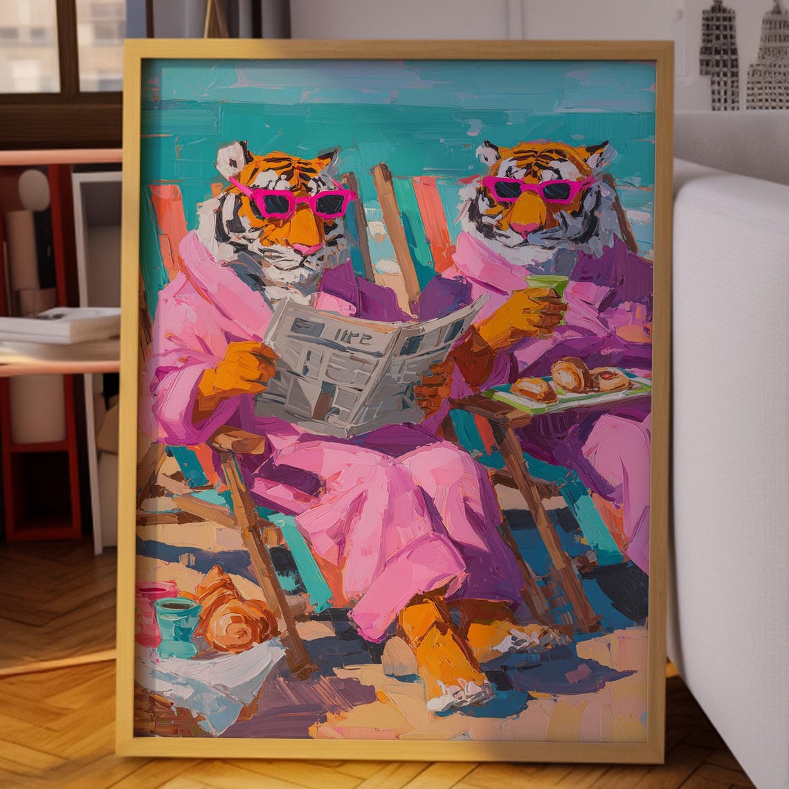 Twin Tigers in Pink Robes Beach Breakfast With Croissants Poster