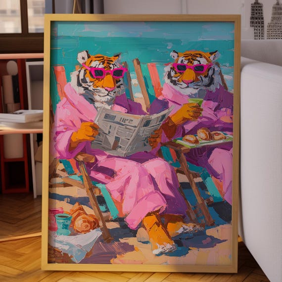 Twin Tiger Poster Tropical Beach Art Colorful Summer Painting Whimsical Animal Wall Decor Dopamine Maximalist