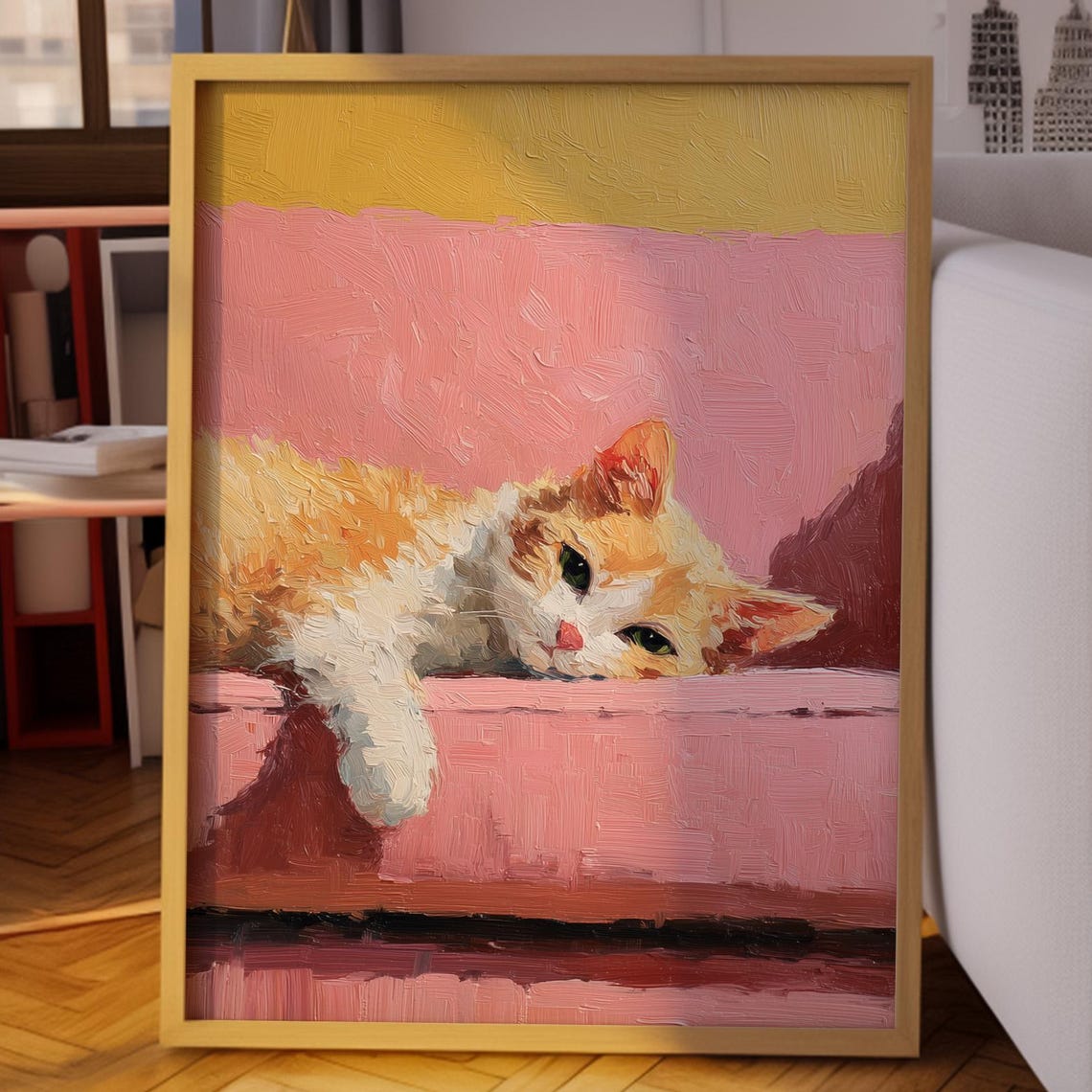 Lazy Ginger Cat Lounging on a Pink Sofa in a Cozy Oil Painting Poster