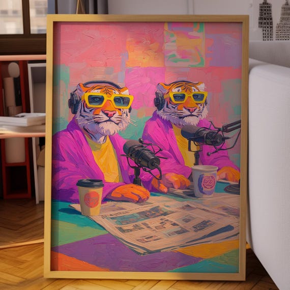 Twin Tiger Poster Colorful Pop Art Podcast Maximalist Vibrant Animal Illustration Modern Whimsical Wall Decor