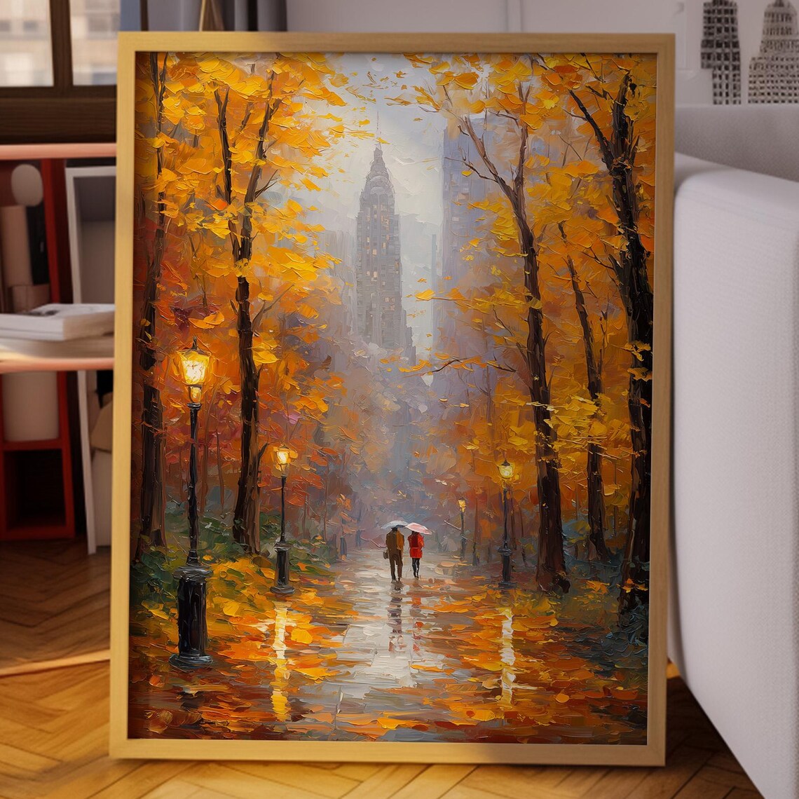 Rainy Autumn City Park Stroll With Golden Leaves Painting Poster