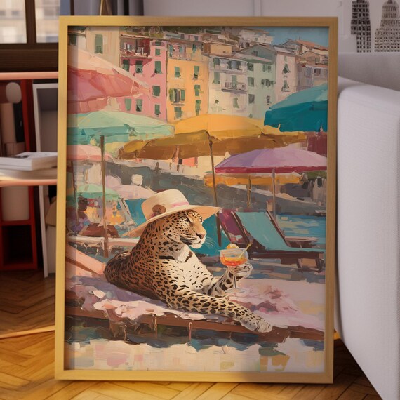Leopard Beach Wall Art Funny Oil Painting Of With Cocktail Tropical Summer Print Whimsical Animal Lover Home Decor