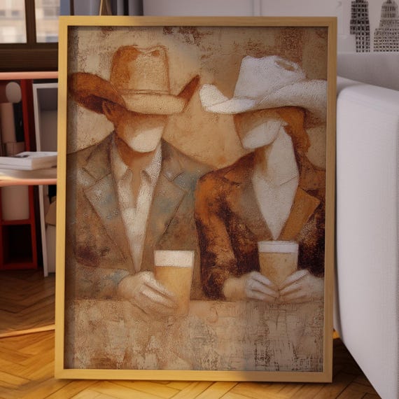Cowboy And Cowgirl Wall Art Rustic Western Couple Painting Country Bar Decor Vintage Style Beer Lovers Print For Home Or Cabin