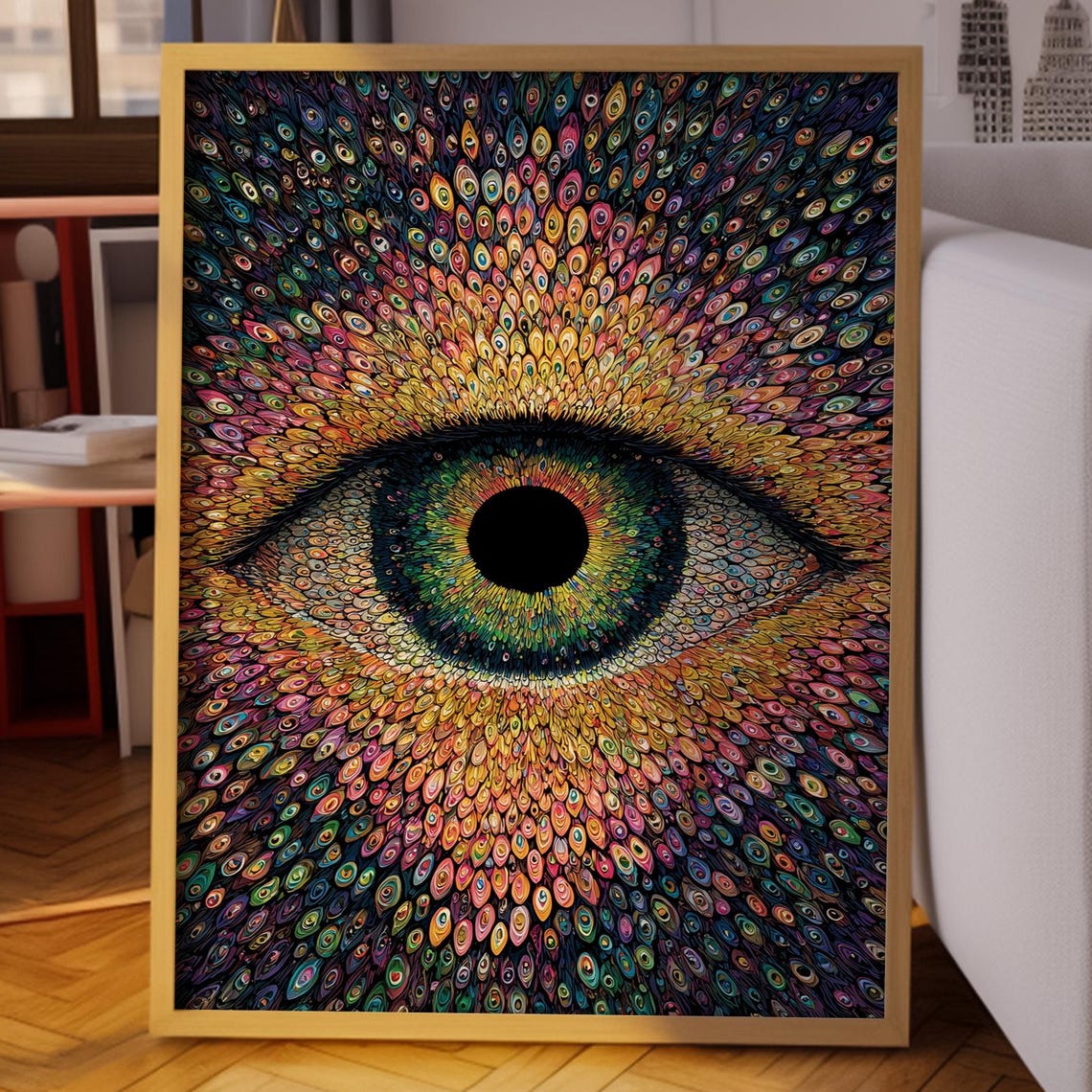 Rainbow Psychedelic Eye Made Of Tiny Eyes Surreal Optical Art Poster