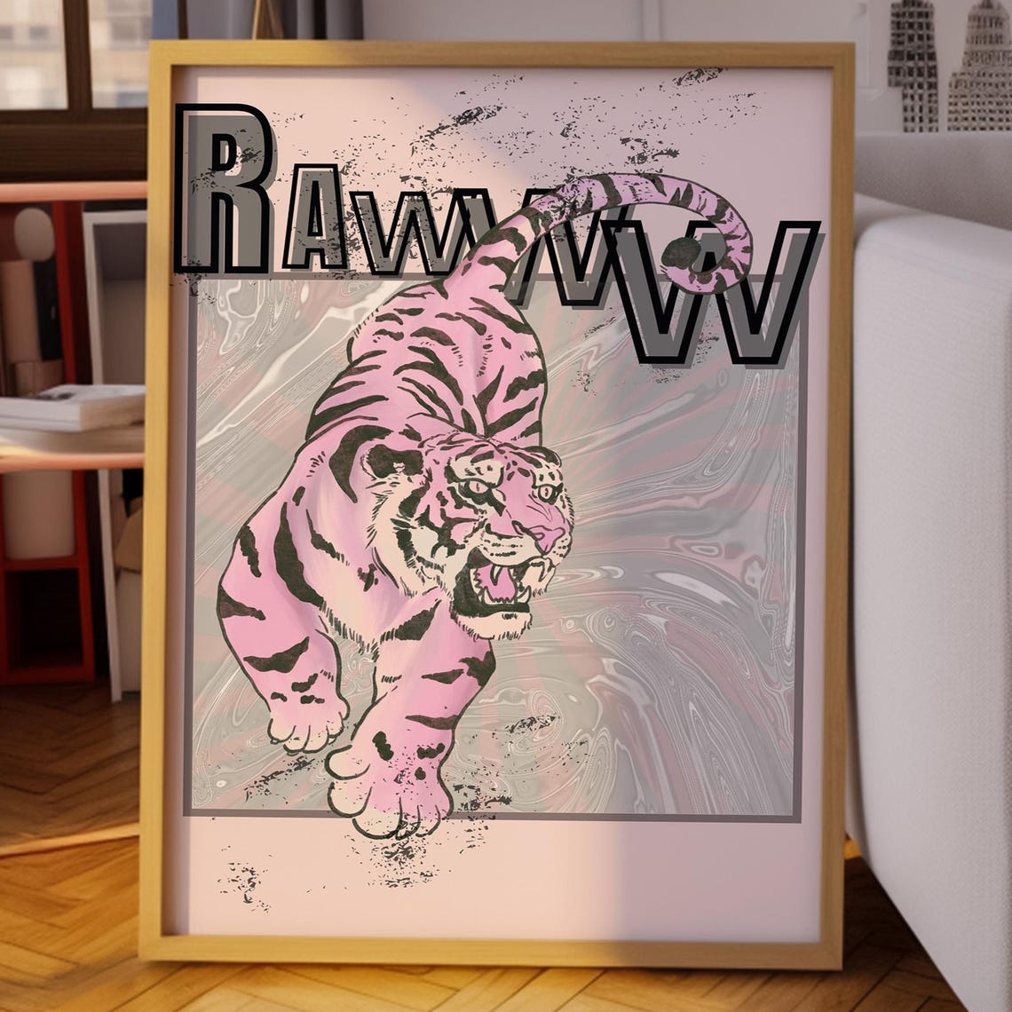 Tiger Poster Pink Pop Art Print Bold Animal Wall Decor Retro Graffiti Style Dorm Trippy Eclectic