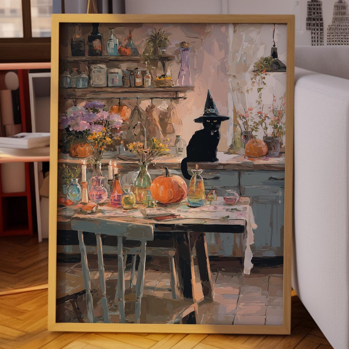 Black Cat in Witch Hat in Cozy Halloween Kitchen Still Life Poster