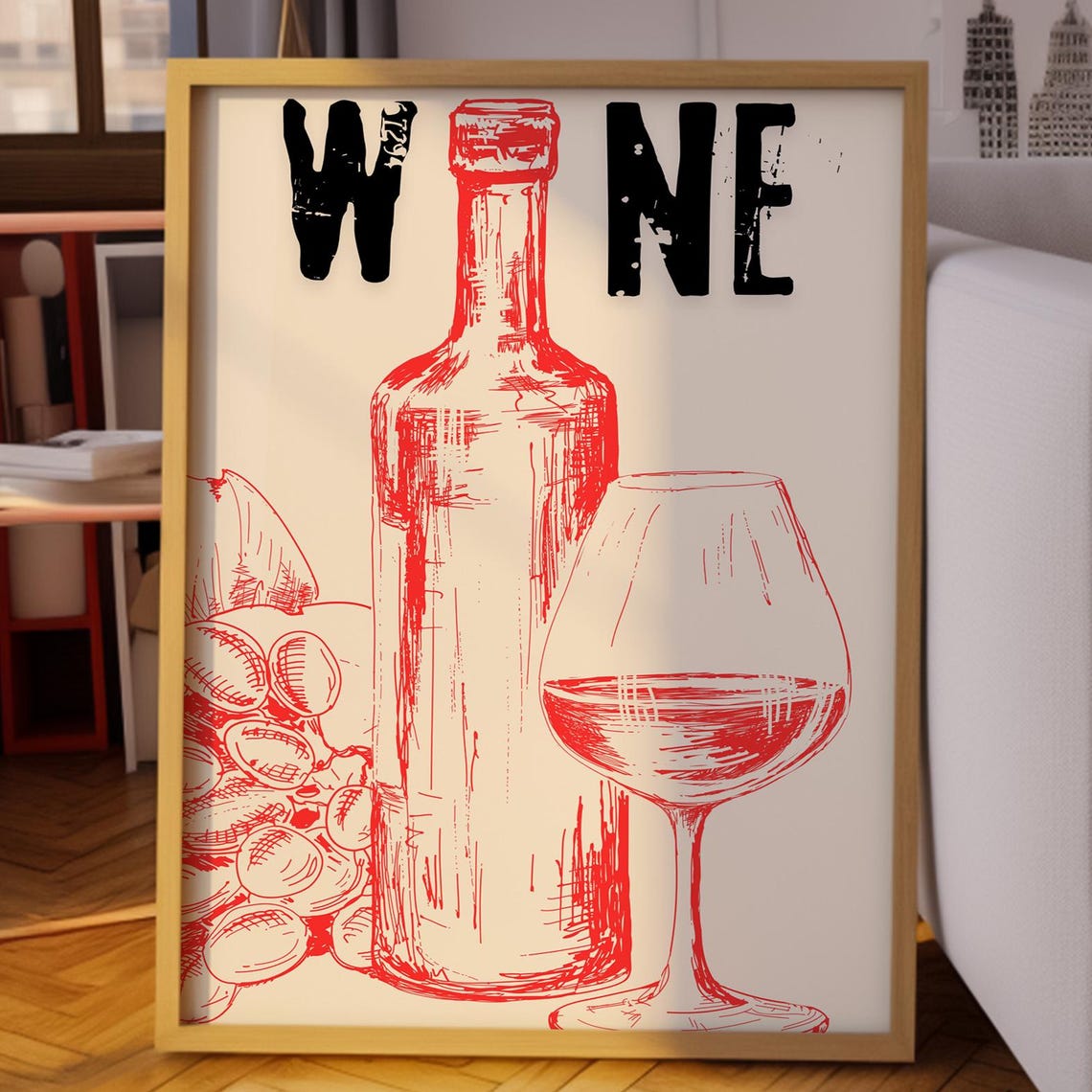 Red Line Art Wine Bottle And Glass Sketch Kitchen Decor Poster