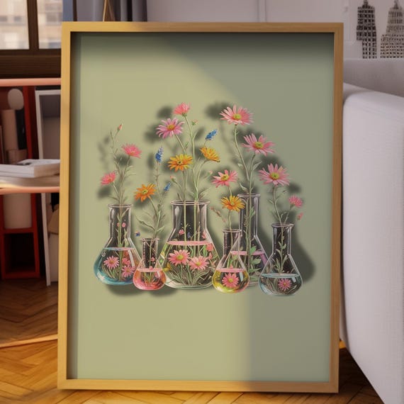 Summer Flower Bouquet Wall Art Colorful Flowers In Science Beakers Print Botanical Decor Whimsical Nature Poster Vintage Illustration
