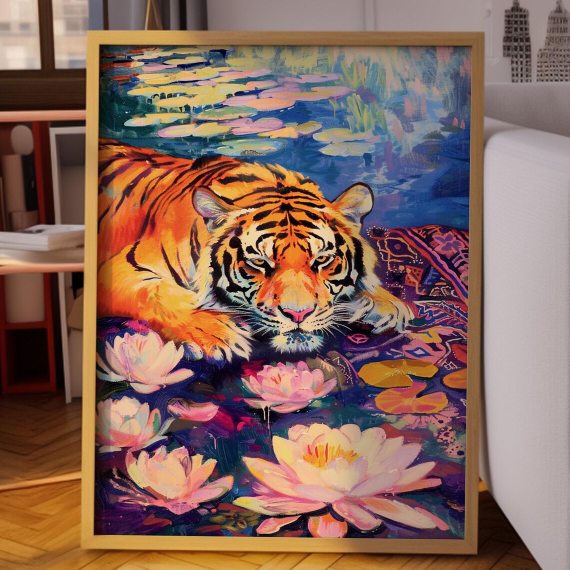 Tiger Resting Among Pink Water Lilies Maximalist Painting Poster
