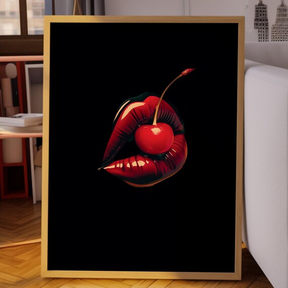Glossy Red Lips Holding Cherry on Black Background Pop Poster