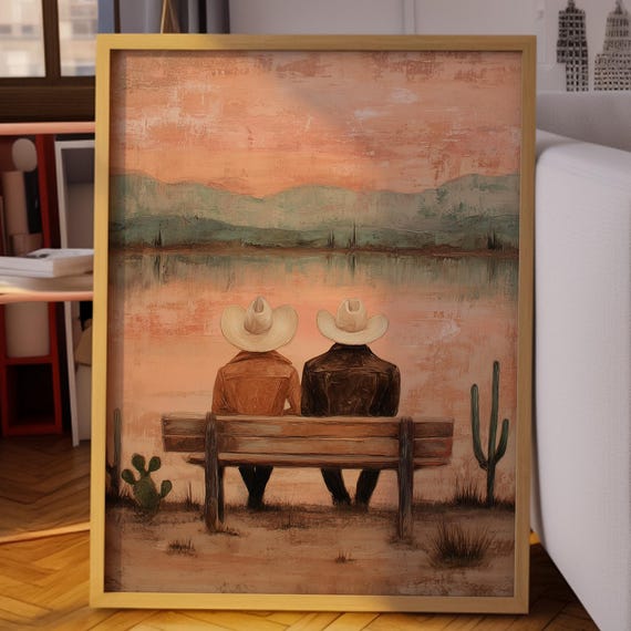 Cowboy And Cowgirl Wall Art Western Couple Sitting On Bench Painting Rustic Desert Landscape Print Country Decor