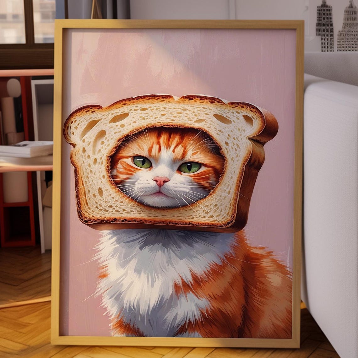 Funny Cat In Bread Poster Cute Orange Tabby Art Print Whimsical Wall Decor Quirky Animal Illustration For Lovers Dopamine