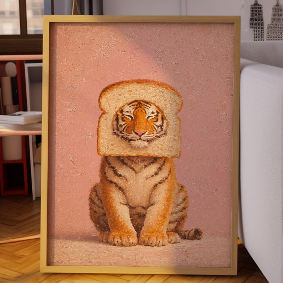 Tiger Cub Wearing Bread Slice Helmet on Pink Background Poster