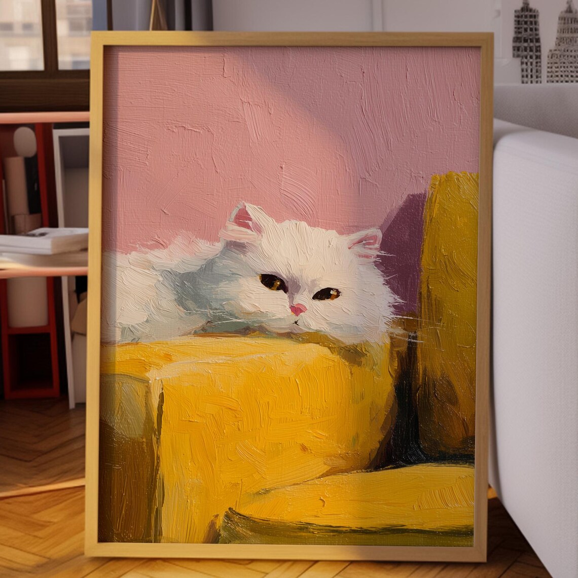 Fluffy White Cat Resting Chin on a Mustard Sofa Cozy Pet Portrait Poster