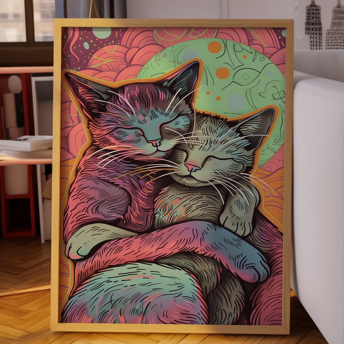 Two Hugging Cats Psychedelic Colorful Feline Love Art Poster
