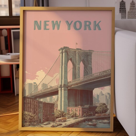 New York Brooklyn Bridge Retro Travel Poster With Pink Sky Cityscape