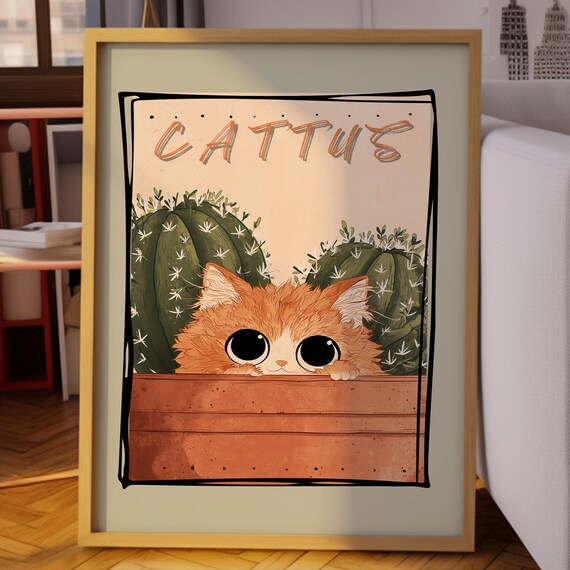 CATTUS Cute Ginger Kitten Peeking Past Cacti Funny Cartoon Poster