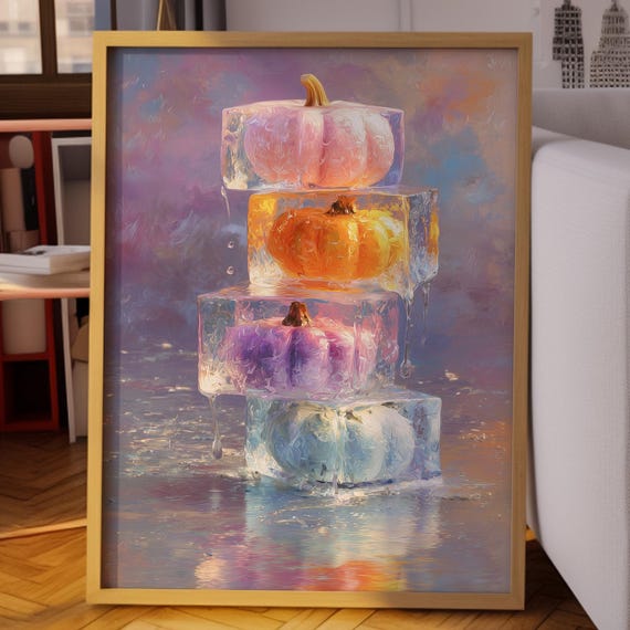 Colorful Pumpkins Frozen in Ice Cubes Stacked Surreal Poster