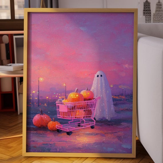 Halloween Wall Art Spooky Painting With Pumpkins And Pink Cart Cute Autumn Home Decor Whimsical Fall Print