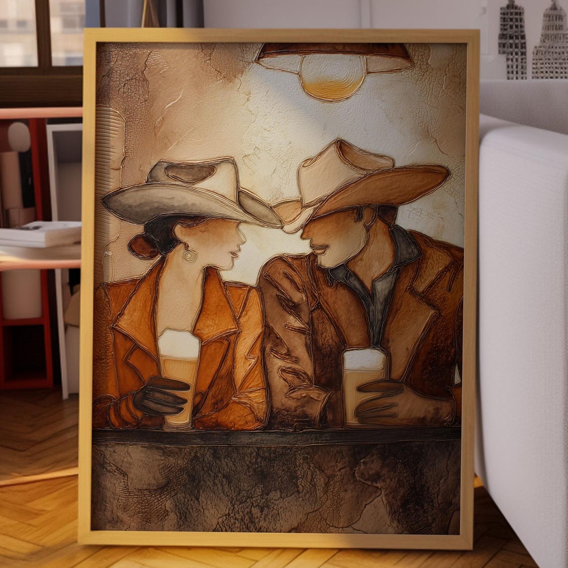 Cowboy Couple Sharing Beer in Warm Rustic Copper Bar Art Poster