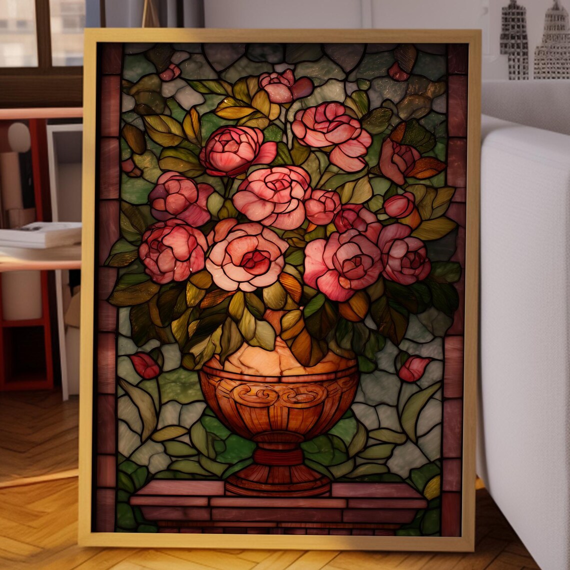 Stained Glass Pink Roses in an Ornate Vase Nouveau Floral Poster