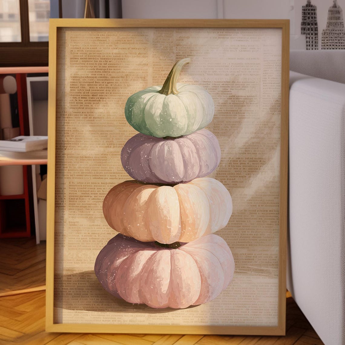 Pastel Pumpkin Stack Autumn Wall Art Cozy Harvest Illustration Vintage Newspaper Background Seasonal Home Decoration
