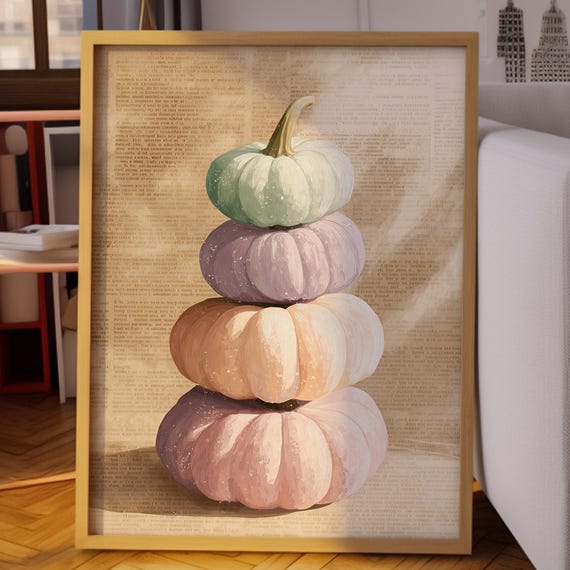 Pastel Stacked Pumpkins on Vintage Newspaper Background Poster