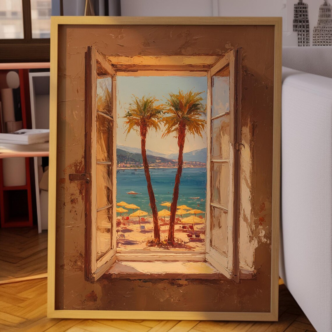 Open Window View of Palm Trees and a Sunny Yellow Beach Painting Poster
