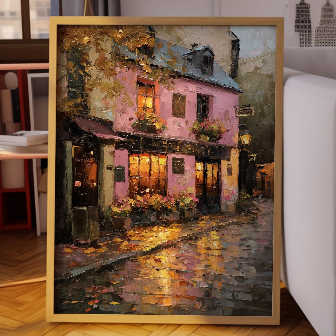 Rainy Paris Evening Pink Cafe Impressionist Street Scene Poster