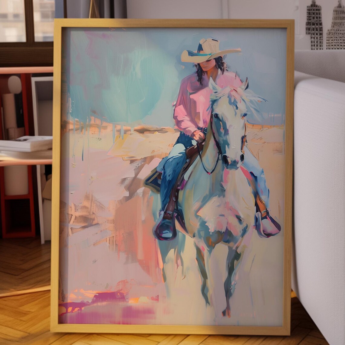 Cowgirl On Horse Rustic Poster, Western Pastel Art Print