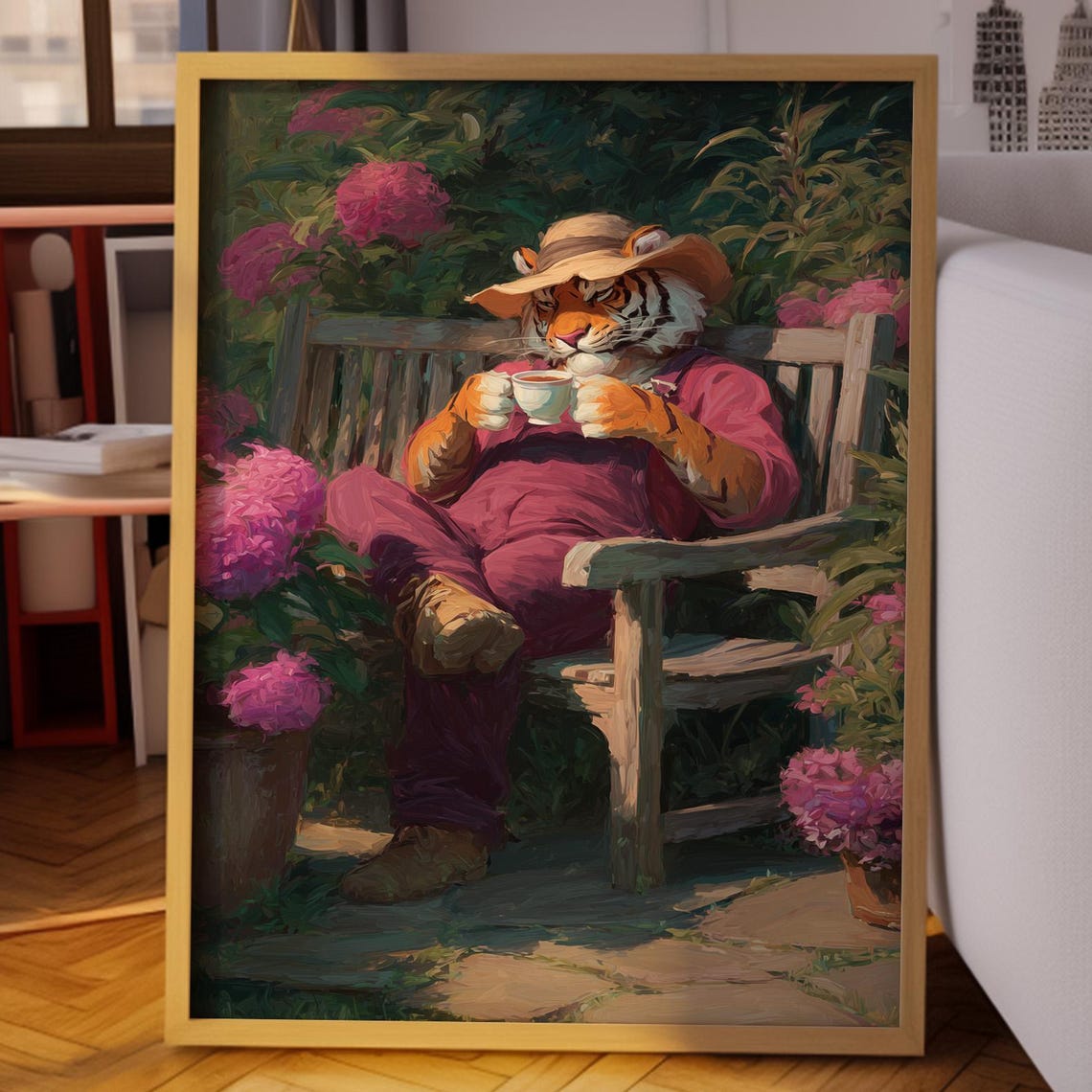 Tiger Wall Art Gardener Cozy Tea Time Illustration Maximalist Print Dopamine Decor Peaceful Animal