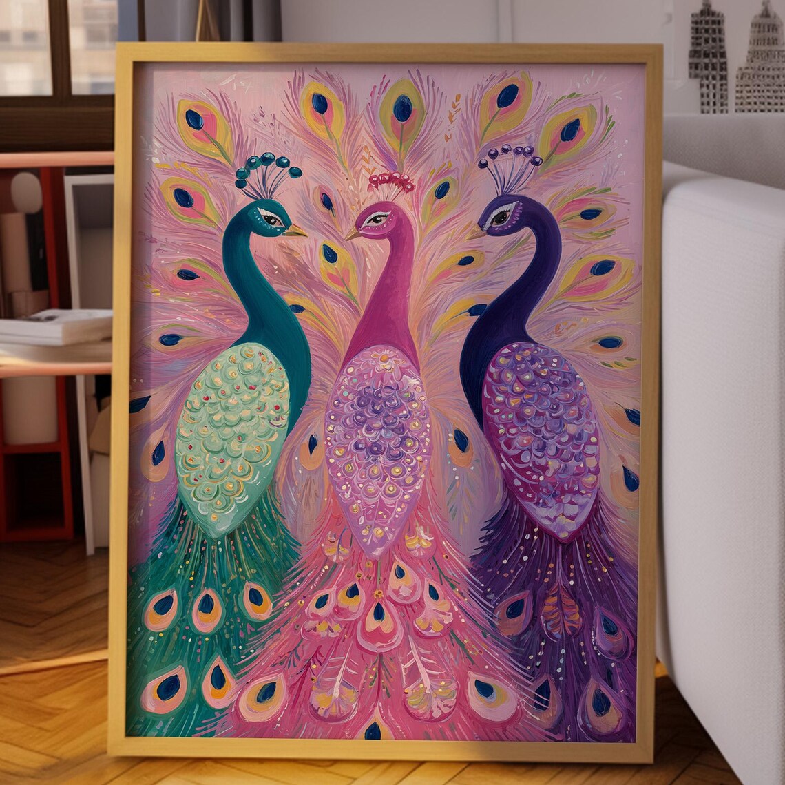 Colorful Peacock Trio Folk Style Birds on Pink Background Poster