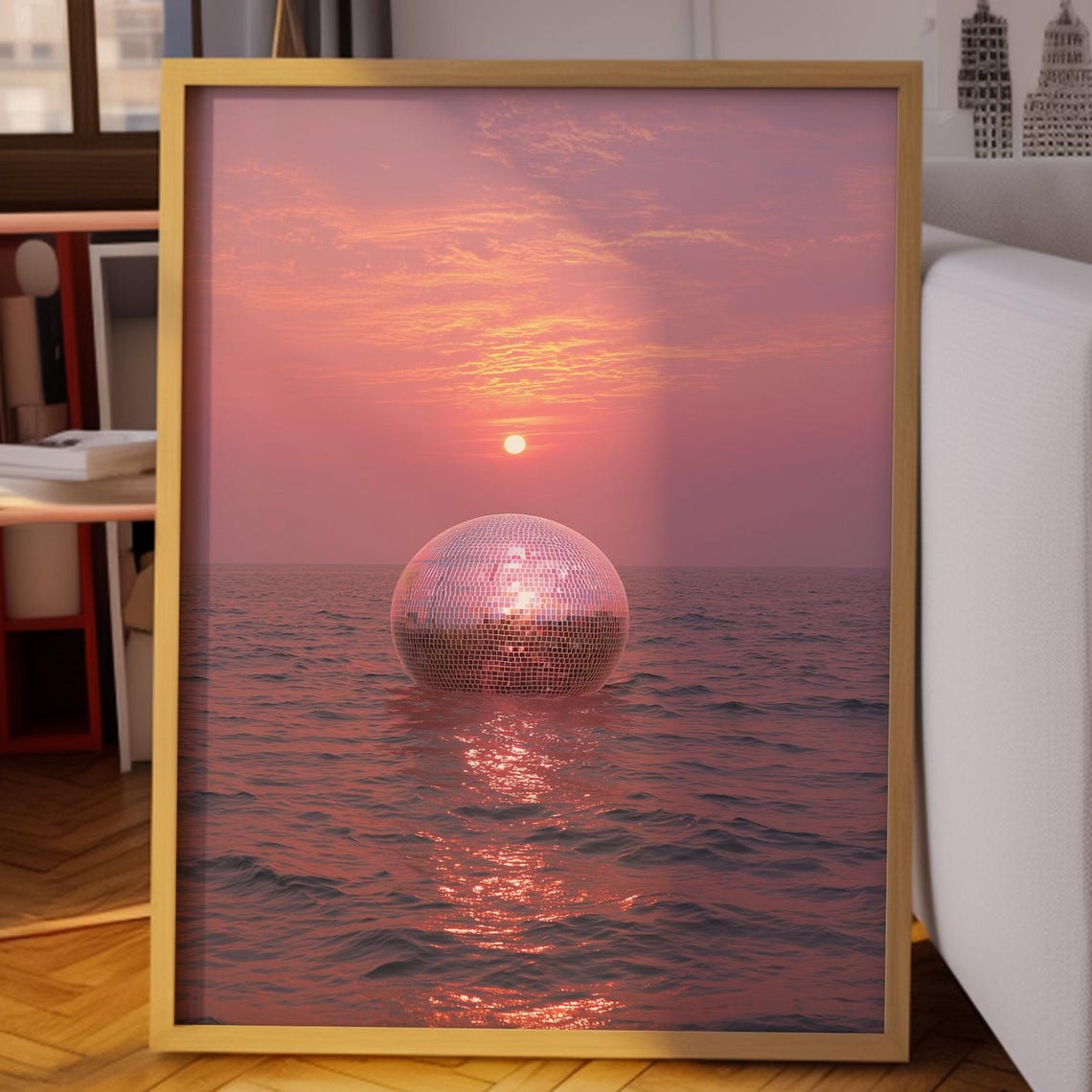 Disco Ball Floating On Ocean Waves At Pink Sunset Coastal Poster