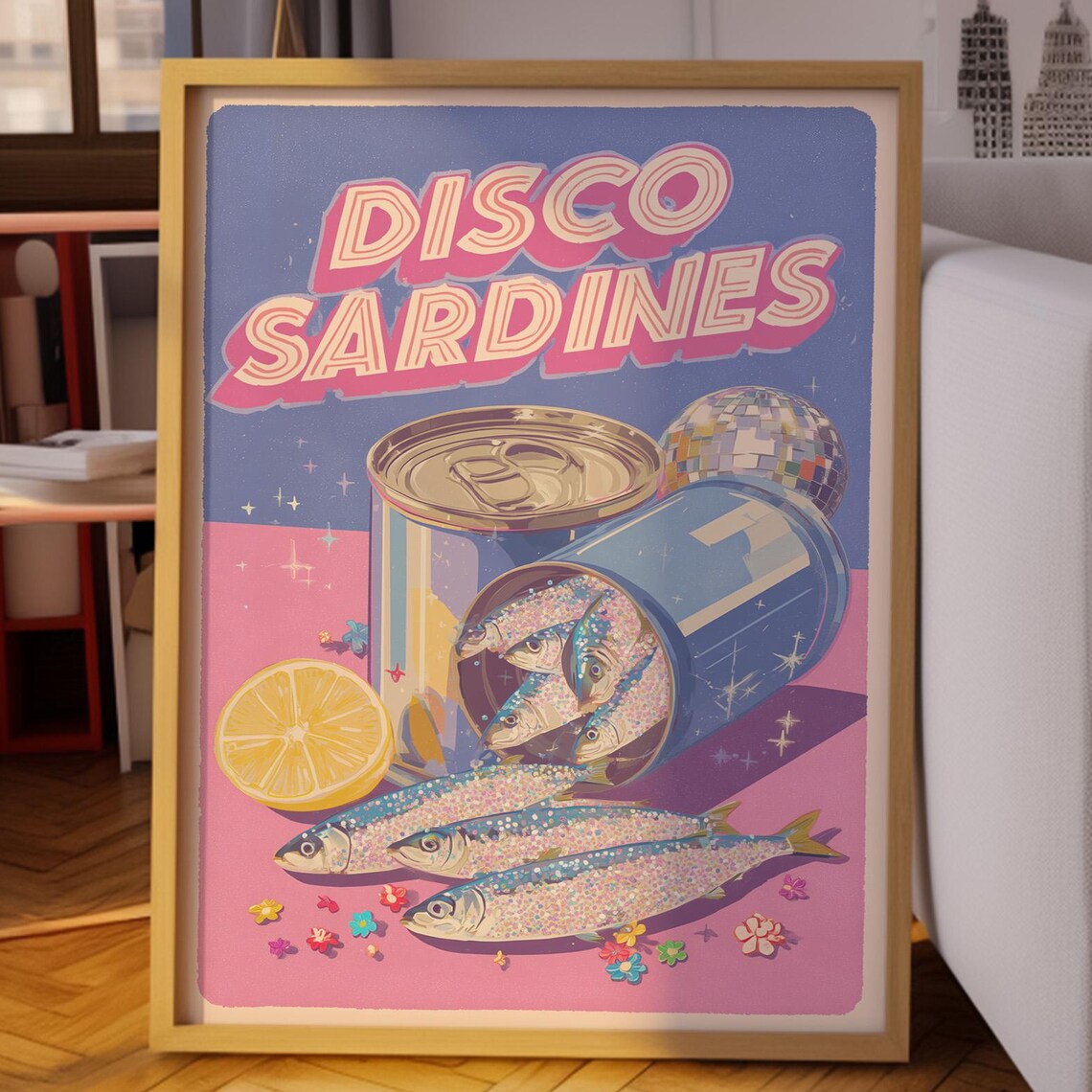 Disco Sardines Retro Pop Art Can With Glitter Fish and Lemon Poster