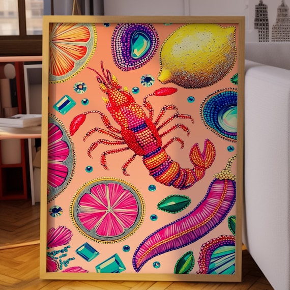 Beaded Red Lobster With Citrus Fruits On Peach Funky Kitchen Poster