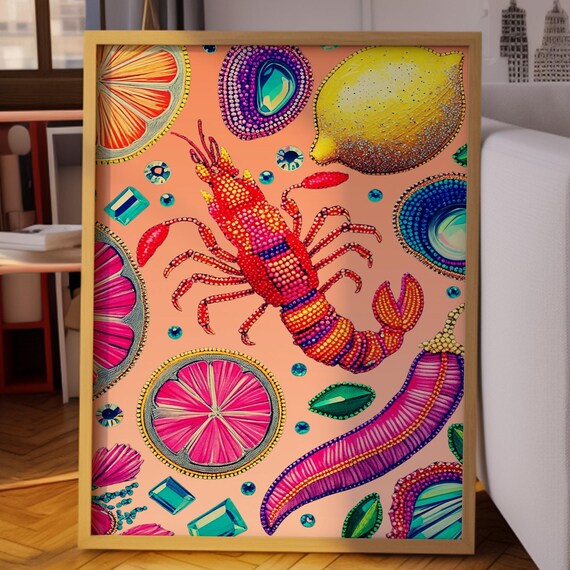 Crystal Eye Poster Colorful Lobster And Citrus Wall Art Jewel Pop Print Bold Kitchen Decor With Fruits Funky Food Illustration
