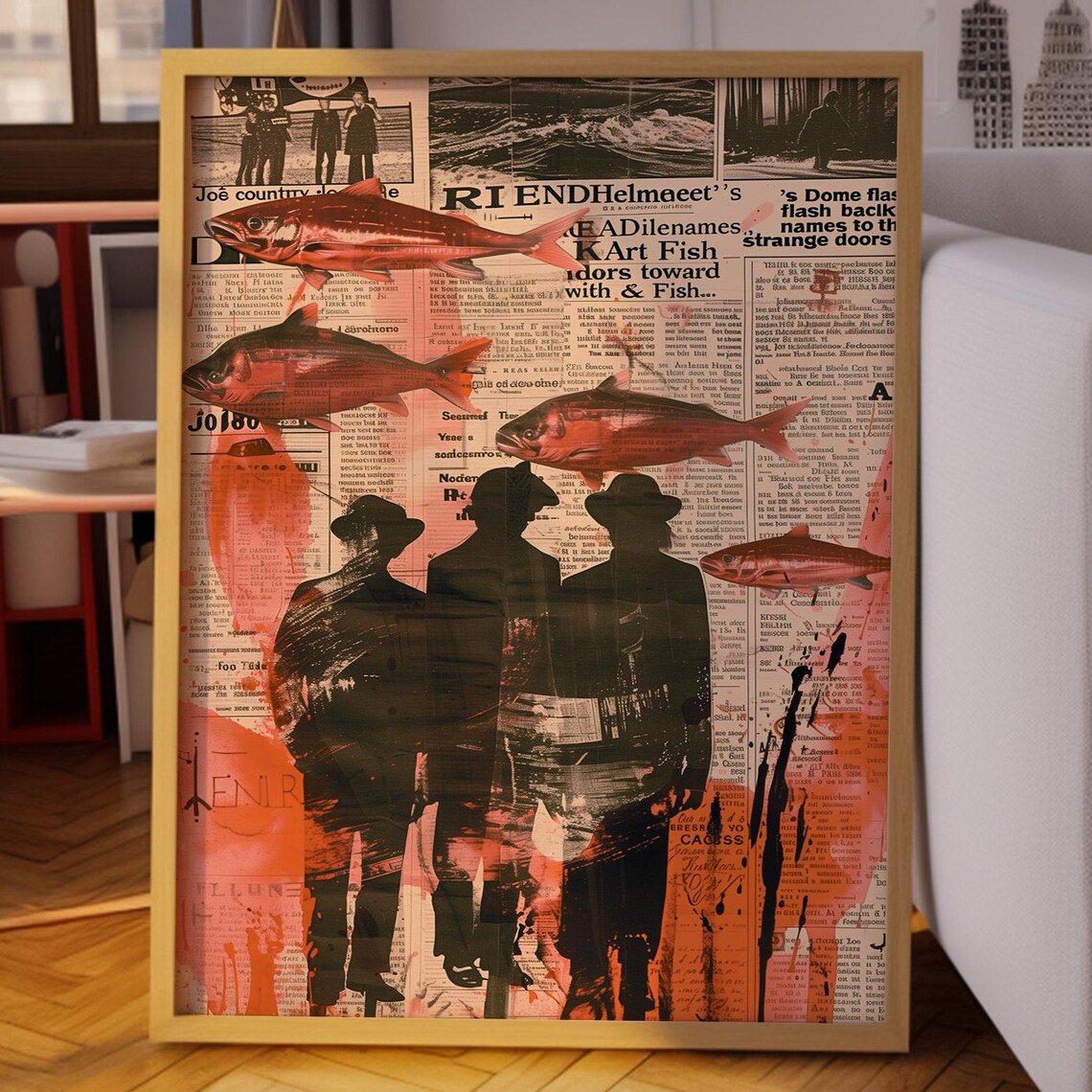 Typography Printred Wall Art Vintage Collage Poster Affirmation 70s Newspaper Trendy Red Fish