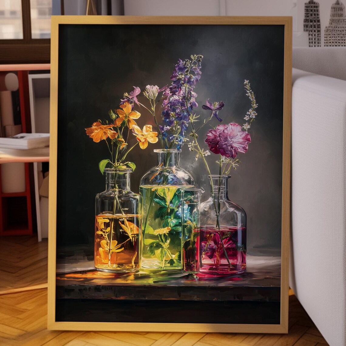 Wildflowers in Glass Bottles Moody Dark Still Life Painting Poster