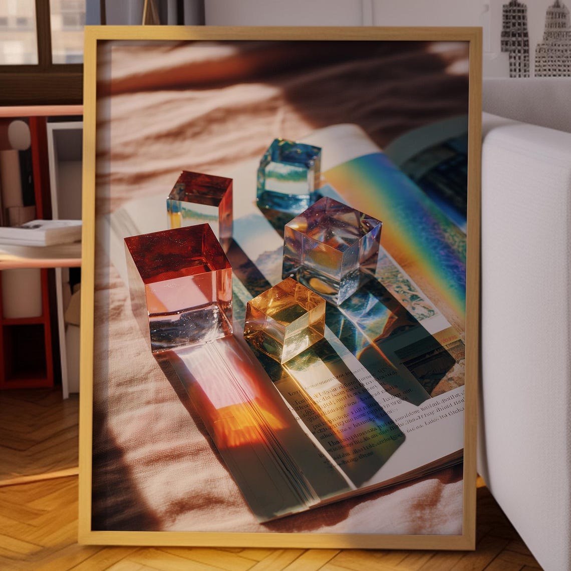 Colorful Glass Cubes on Open Book With Rainbow Prism Light Poster