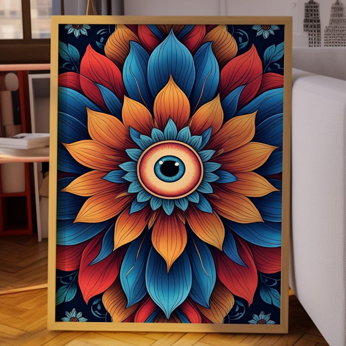Bold Eye Centered Teal Orange Mandala On Navy Bohemian Art Poster