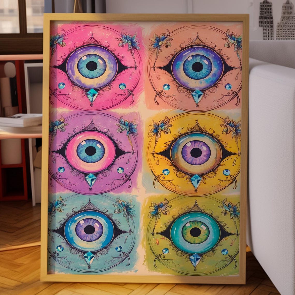 Mystic Evil Eye Grid With Crystals Floral Boho Chic Art Poster